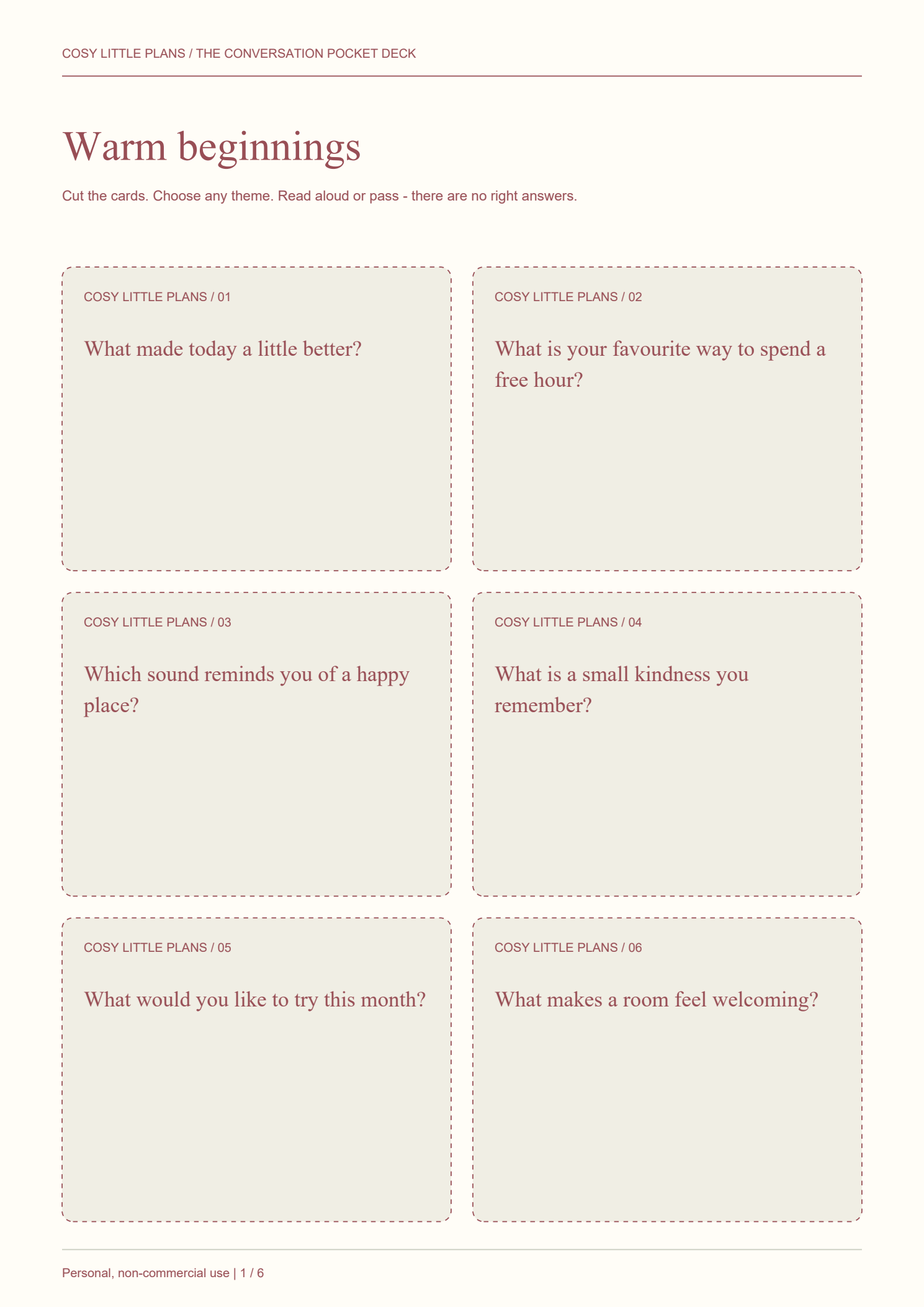 Actual Conversation Pocket Deck page with six warm-up questions