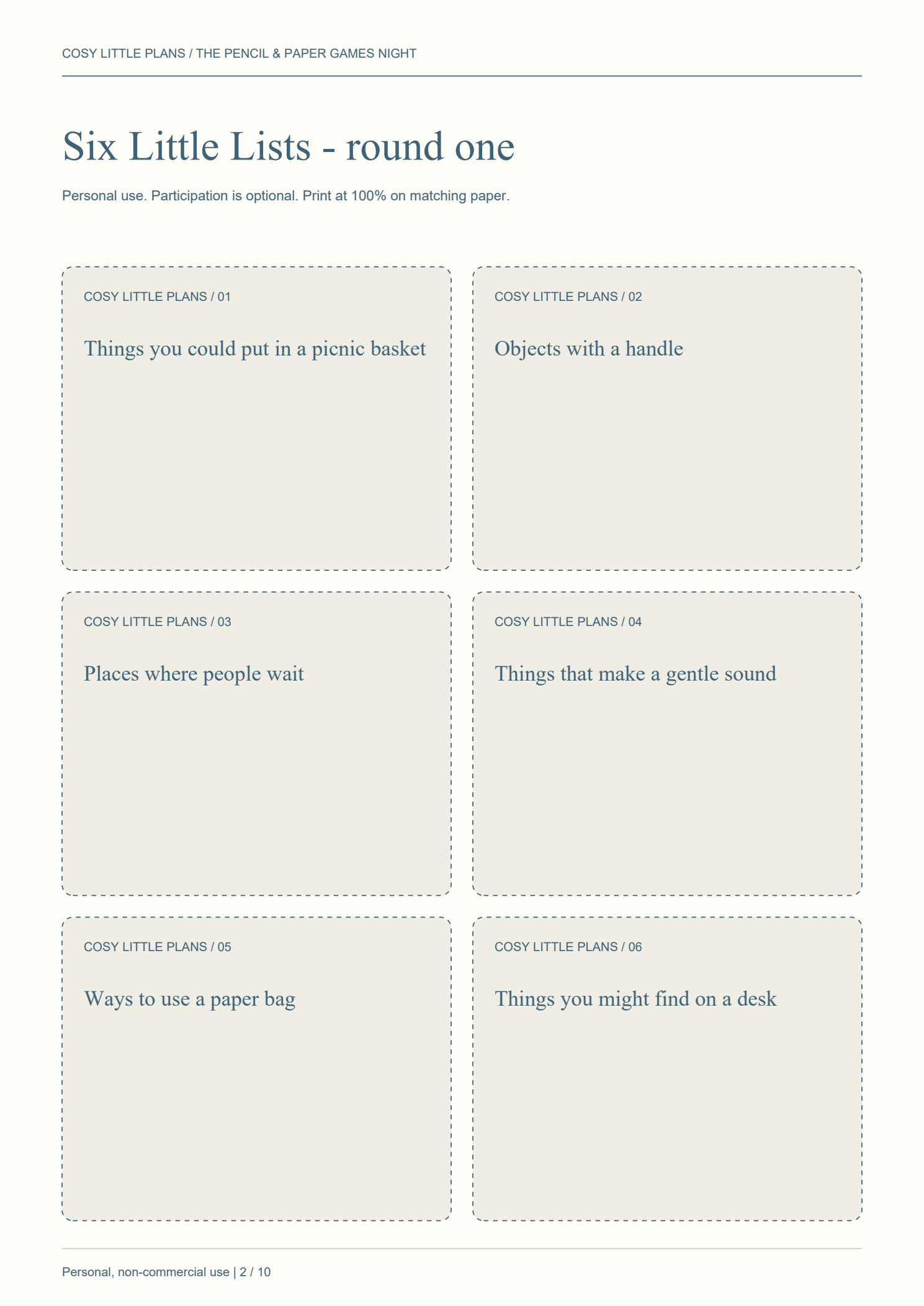 Actual Six Little Lists prompt-card page from the games pack
