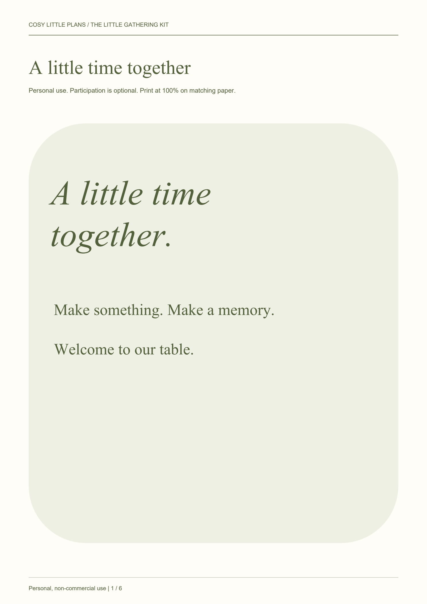 Actual Little Gathering Kit welcome sign page